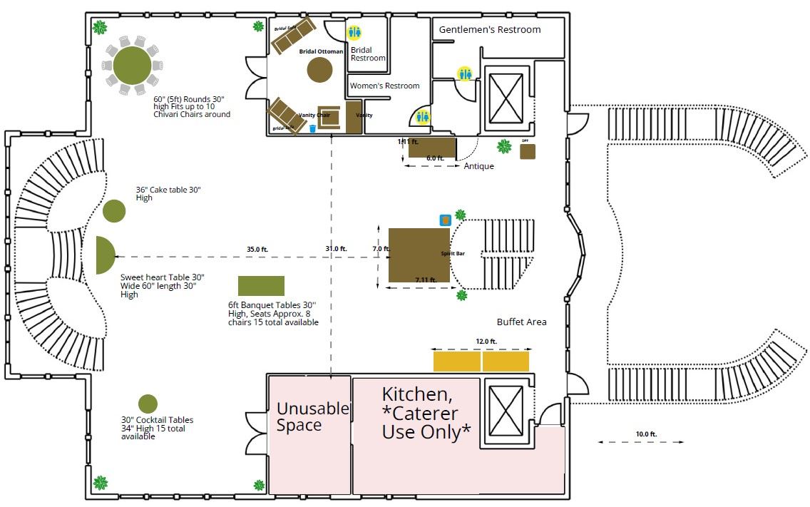 Upper Level Grand Ballroom Furniture with Dimensions